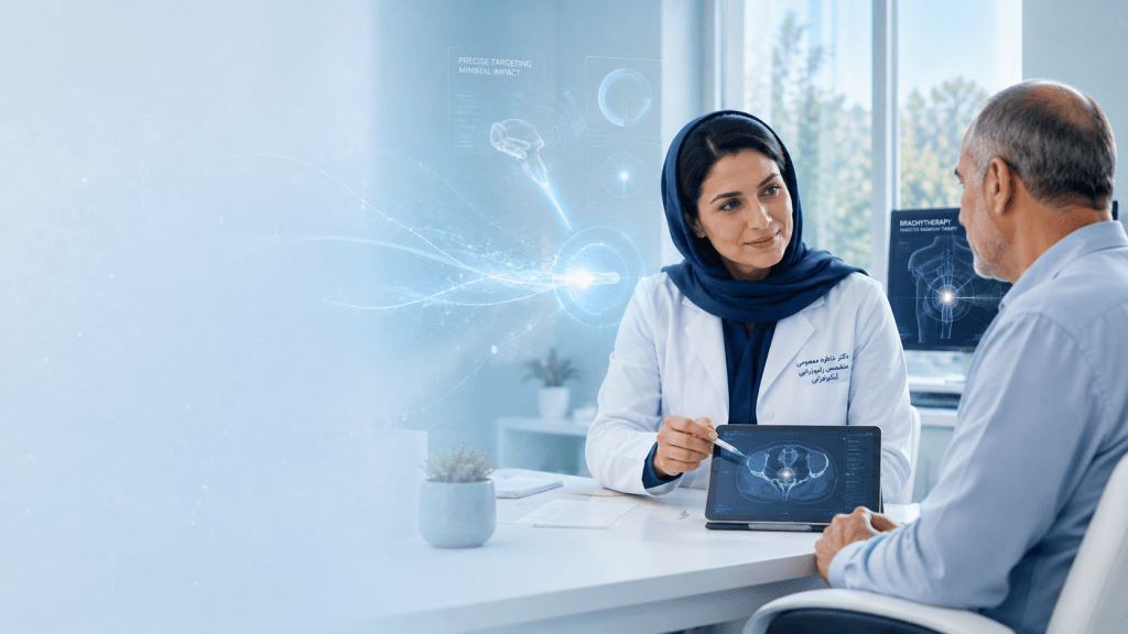 پزشک متخصص سرطان در حال بررسی برنامه درمان براکی‌تراپی با بیمار در مرکز درمانی مدرن