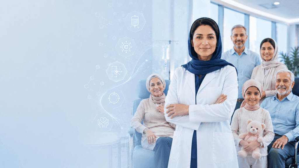 پزشک متخصص سرطان در مرکز درمانی مدرن در حال ارائه خدمات جامع سرطان شامل شیمی‌درمانی، ایمونوتراپی و مراقبت‌های تخصصی